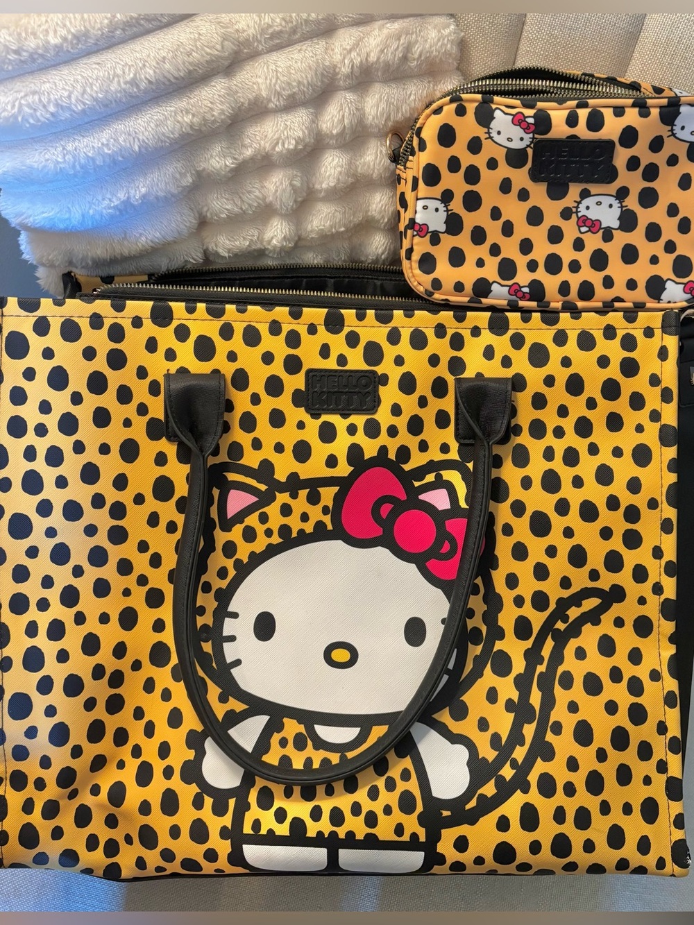 Hello Kitty Yellow and Black Leopard Print Tote with Pink Bow Accent
